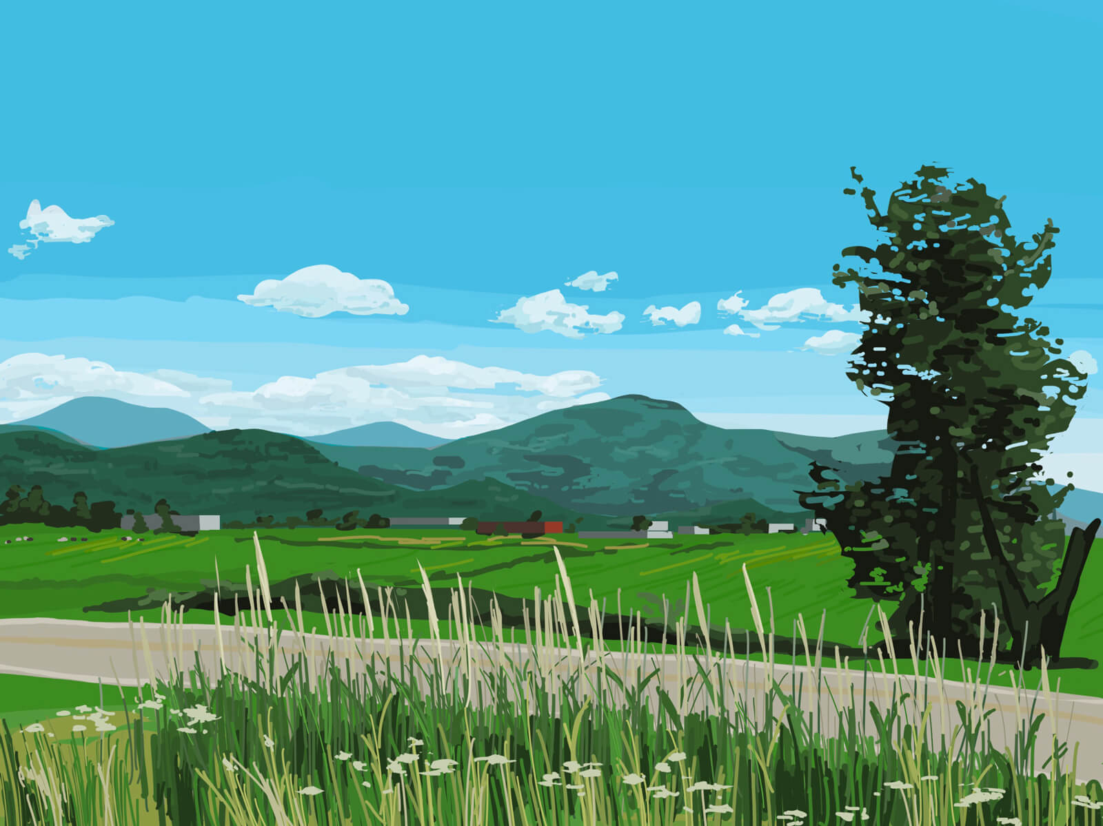 Digital painting of a car passenger view of a road, fields, and mountains, all under a blue sky with low, fluffy clouds. The colours are vibrant, and it’s painted with a solid brush without any blending.